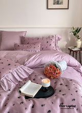 Vintage Inspired Silky Floral Ruffle Bedding Set / Purple Black