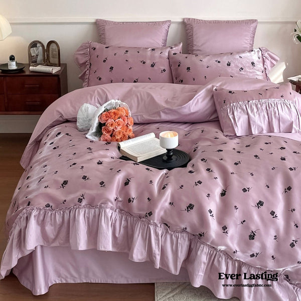 Vintage Inspired Silky Floral Ruffle Bedding Set / Purple Black