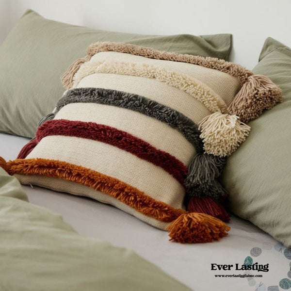 Warm Tone Fall Tufted Pillows With Tassels / Beige Pillow