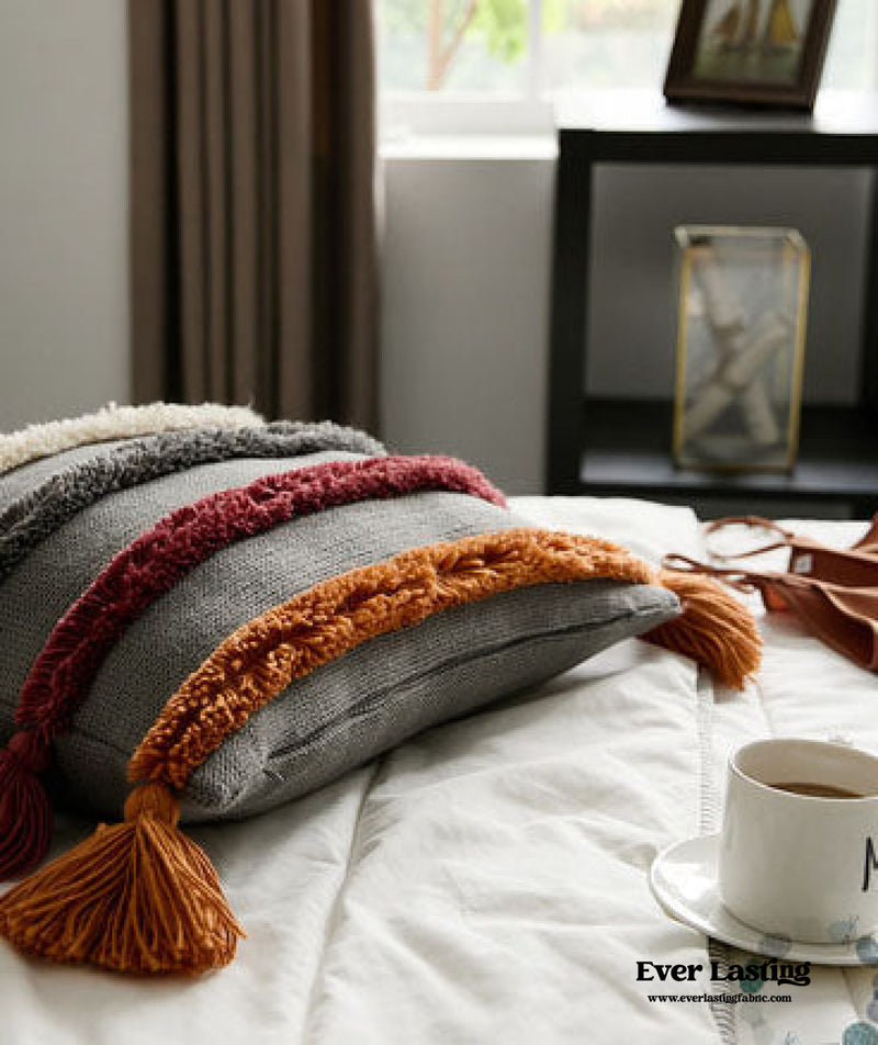Warm Tone Fall Tufted Pillows With Tassels / Beige Pillow