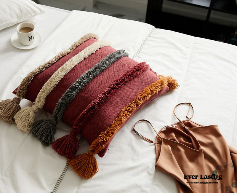 Warm Tone Fall Tufted Pillows With Tassels / Burgundy Red Pillow