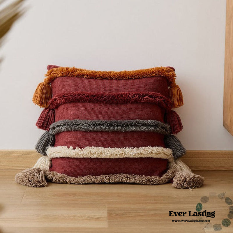 Warm Tone Fall Tufted Pillows With Tassels / Burgundy Red Pillow