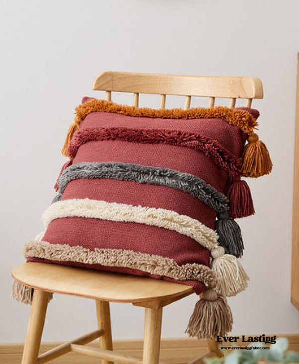 Warm Tone Fall Tufted Pillows With Tassels / Burgundy Red Pillow