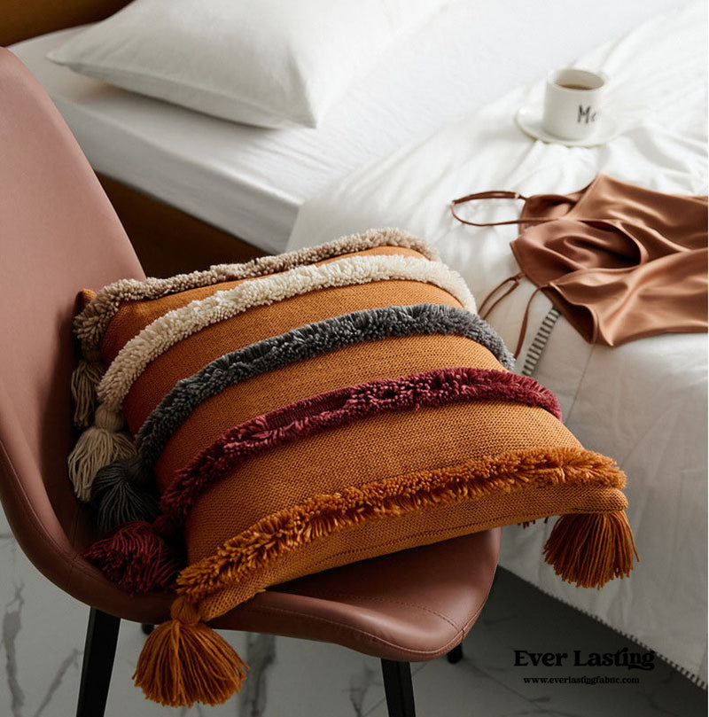 Warm Tone Fall Tufted Pillows With Tassels / Burgundy Red Pillow