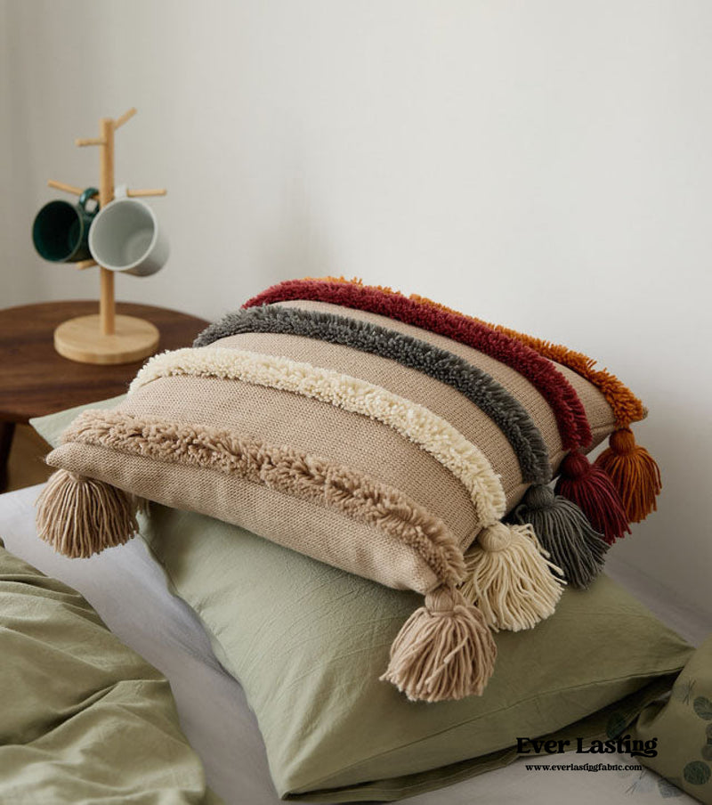 Warm Tone Fall Tufted Pillows With Tassels / Burgundy Red Pillow