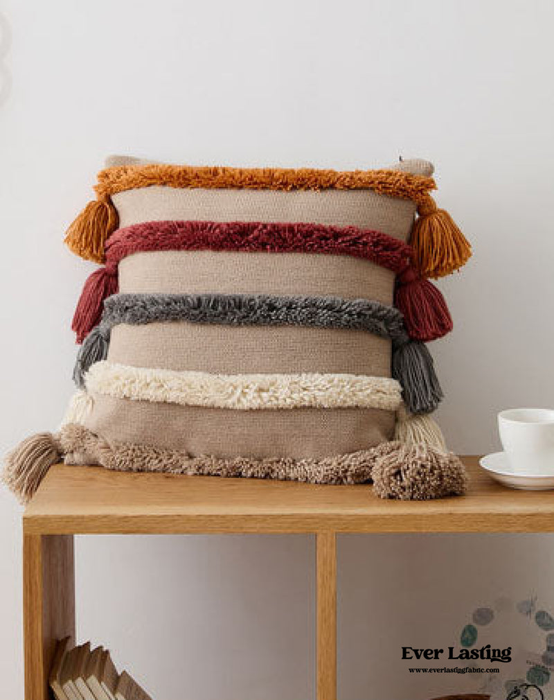 Warm Tone Fall Tufted Pillows With Tassels / Burgundy Red Pillow