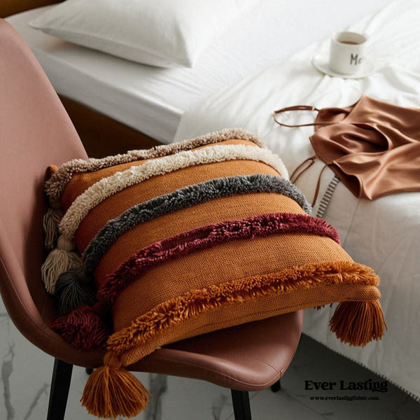 Warm Tone Fall Tufted Pillows With Tassels / Burnt Orange Pillow
