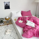 Washed Cotton Bedding Set / White Mixed Barbie Pink + Small Flat