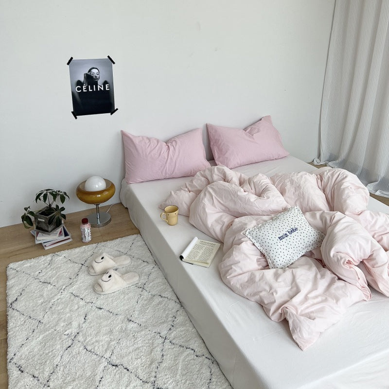 Washed Cotton Bedding Set / White Mixed Pink + Small Flat