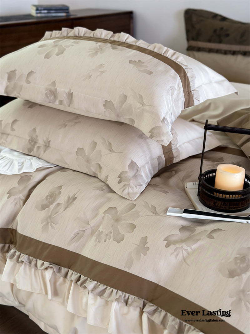 Water Color Inspired Ruffle Bedding Set / White Beige