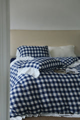 White Blue Gingham Lace Ruffle Bedding Set
