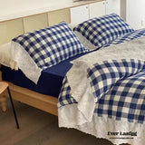 White Blue Gingham Lace Ruffle Bedding Set