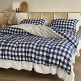 White Blue Gingham Lace Ruffle Bedding Set / Medium Flat