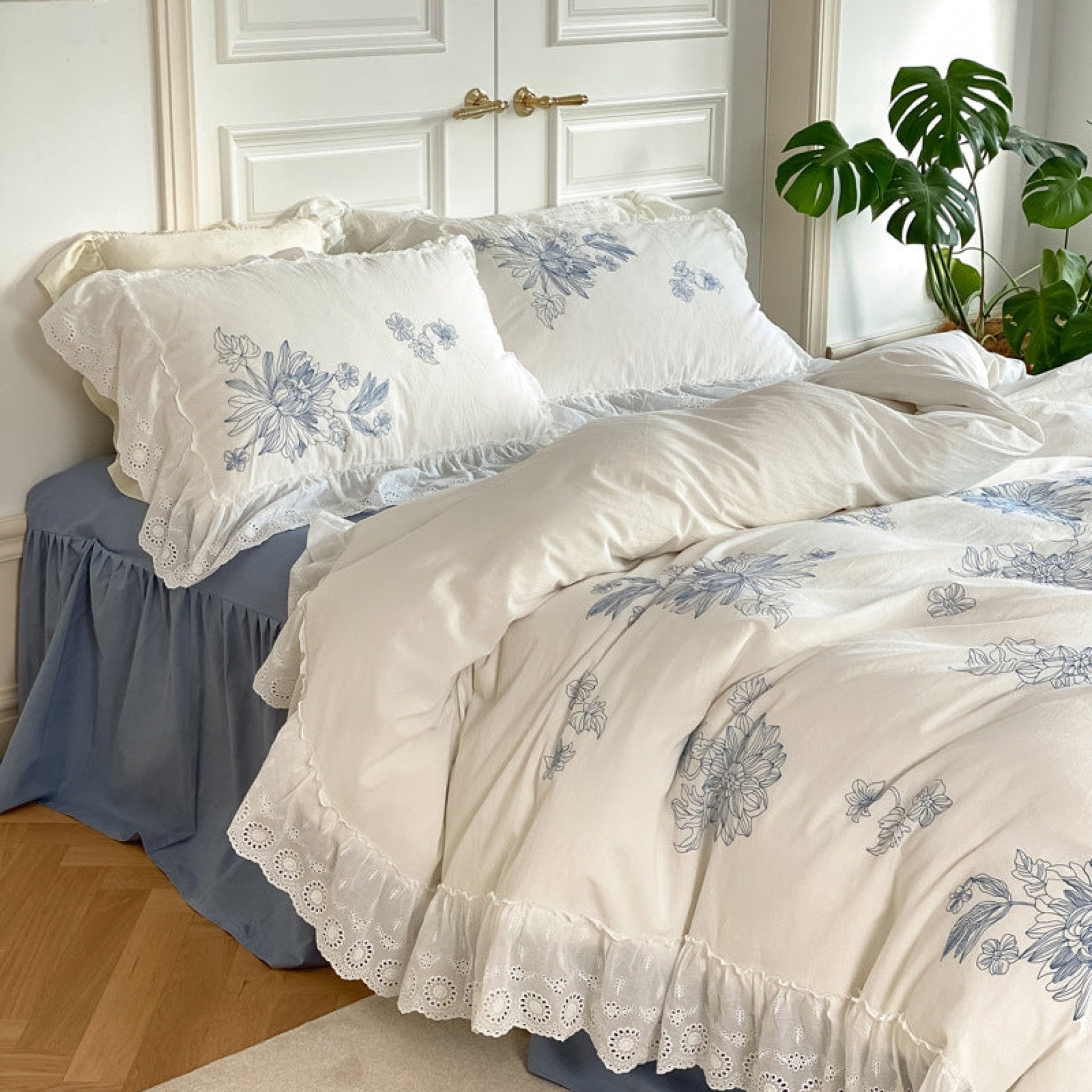 White Cottage Washed Cotton Ruffle Bedding Set - Ever Lasting