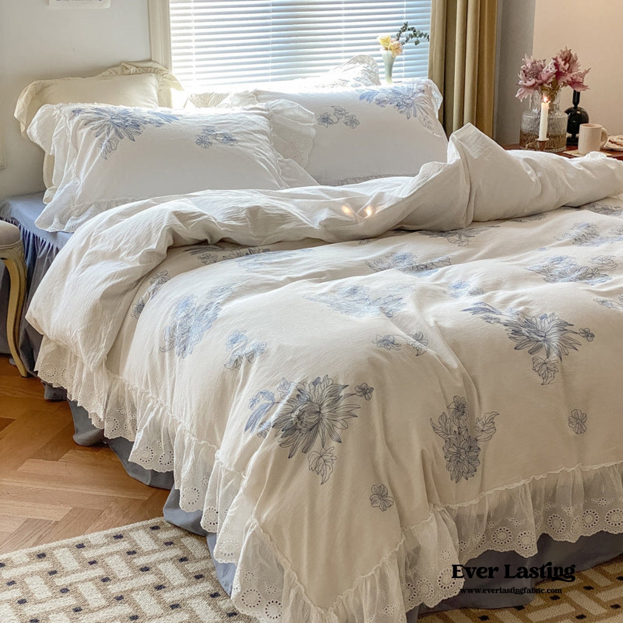White Cottage Washed Cotton Ruffle Bedding Set - Ever Lasting