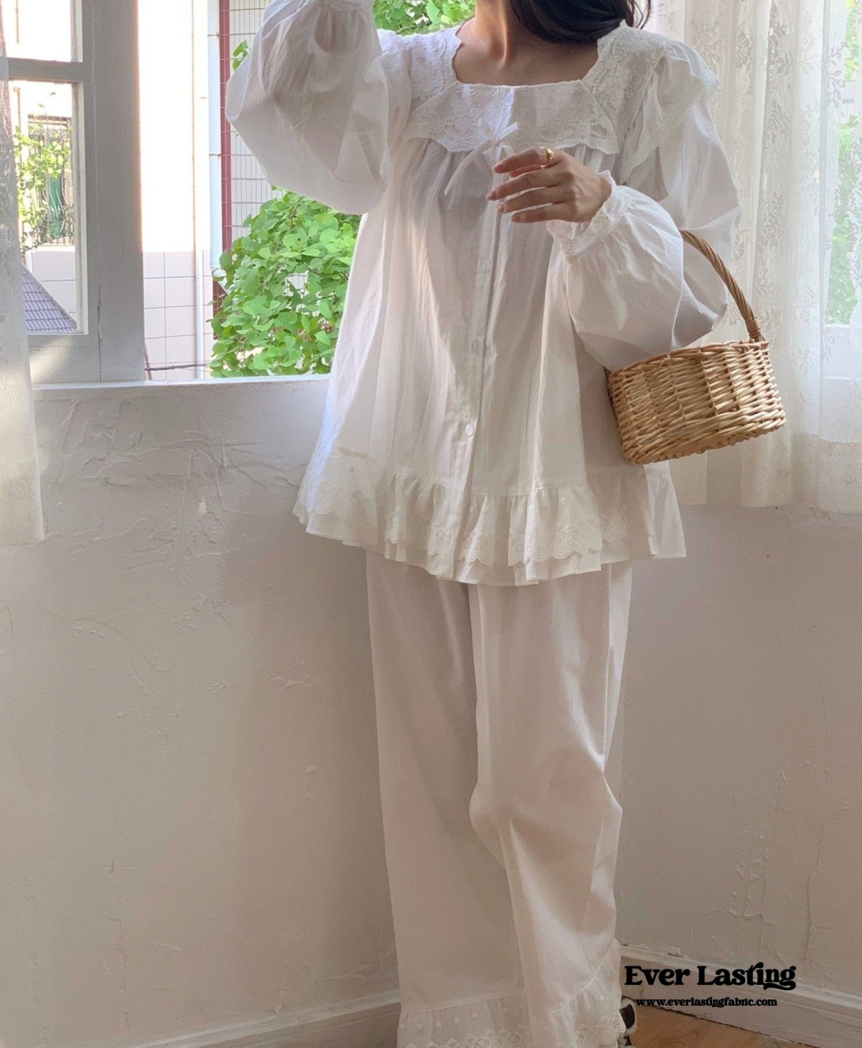 White Lace Ruffle Cottage Pajama Set - Ever Lasting