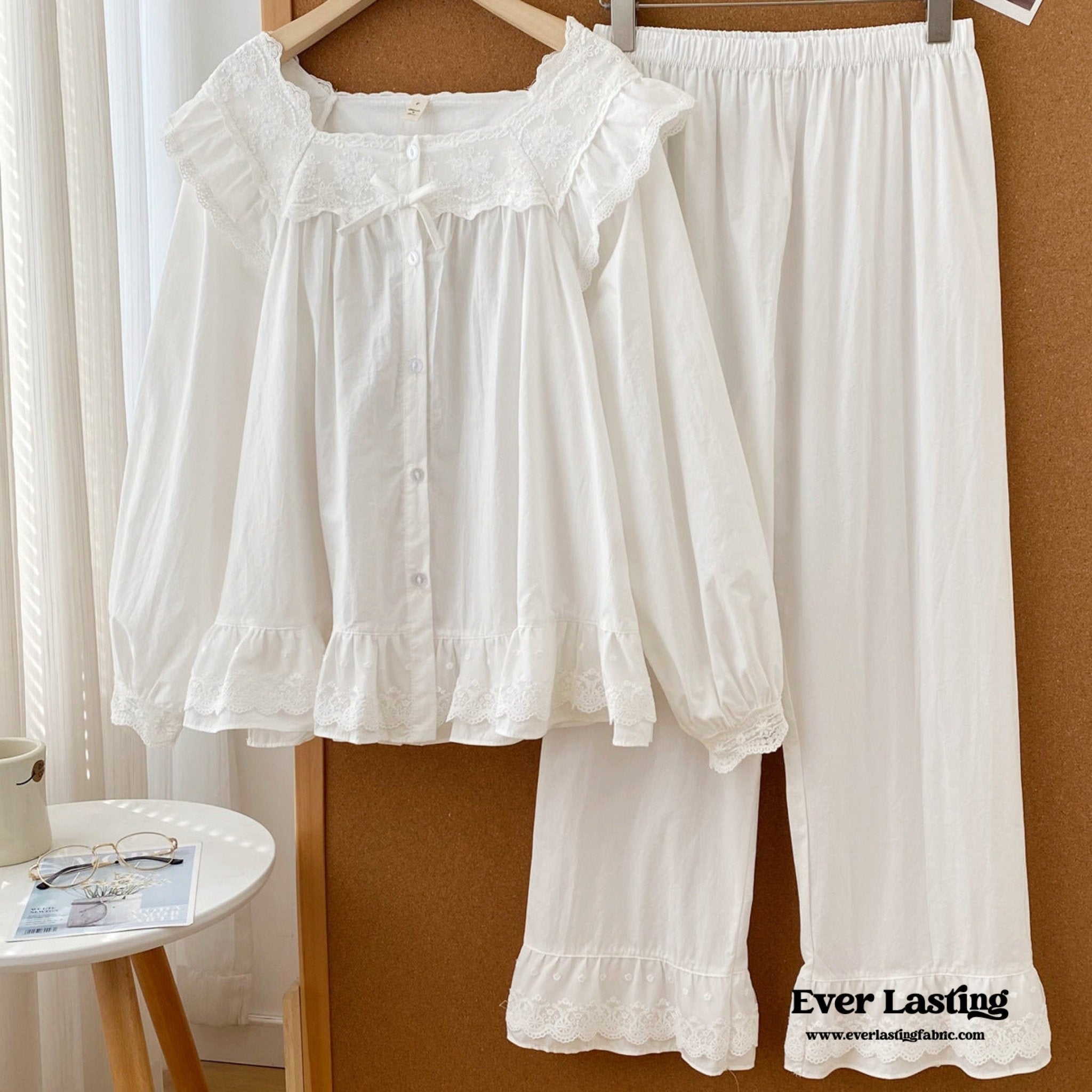 White Lace Ruffle Cottage Pajama Set - Ever Lasting