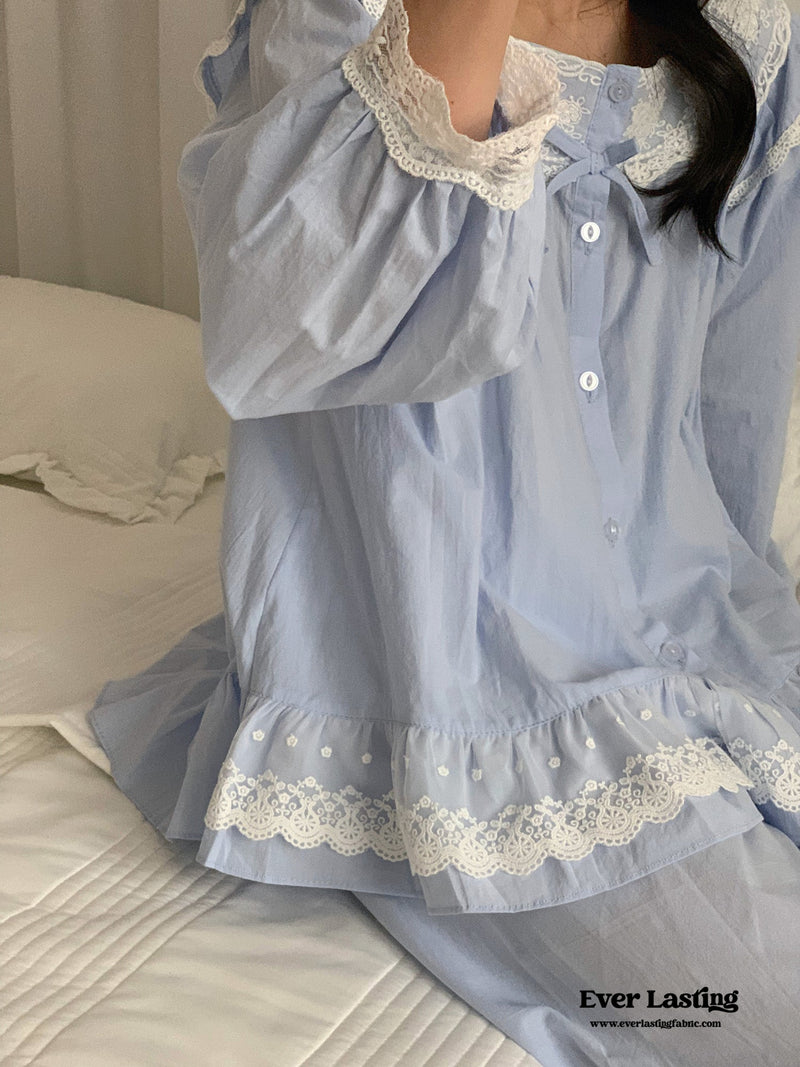 White Lace Ruffle Cottage Pajama Set