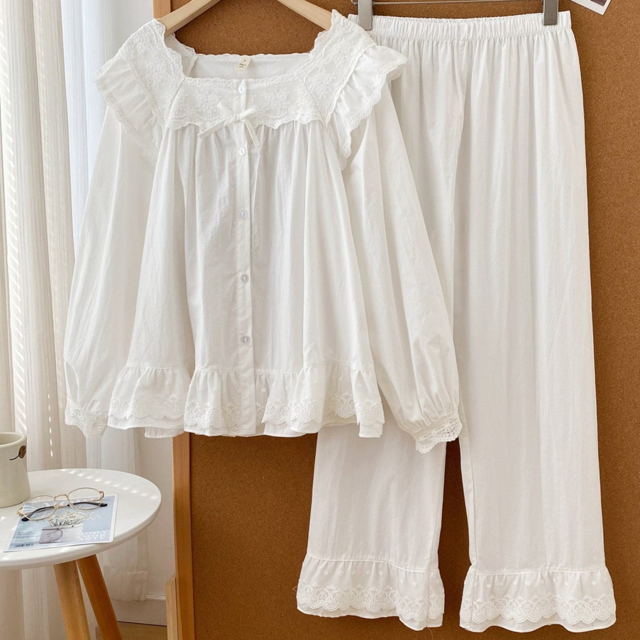 White Lace Ruffle Cottage Pajama Set - Ever Lasting