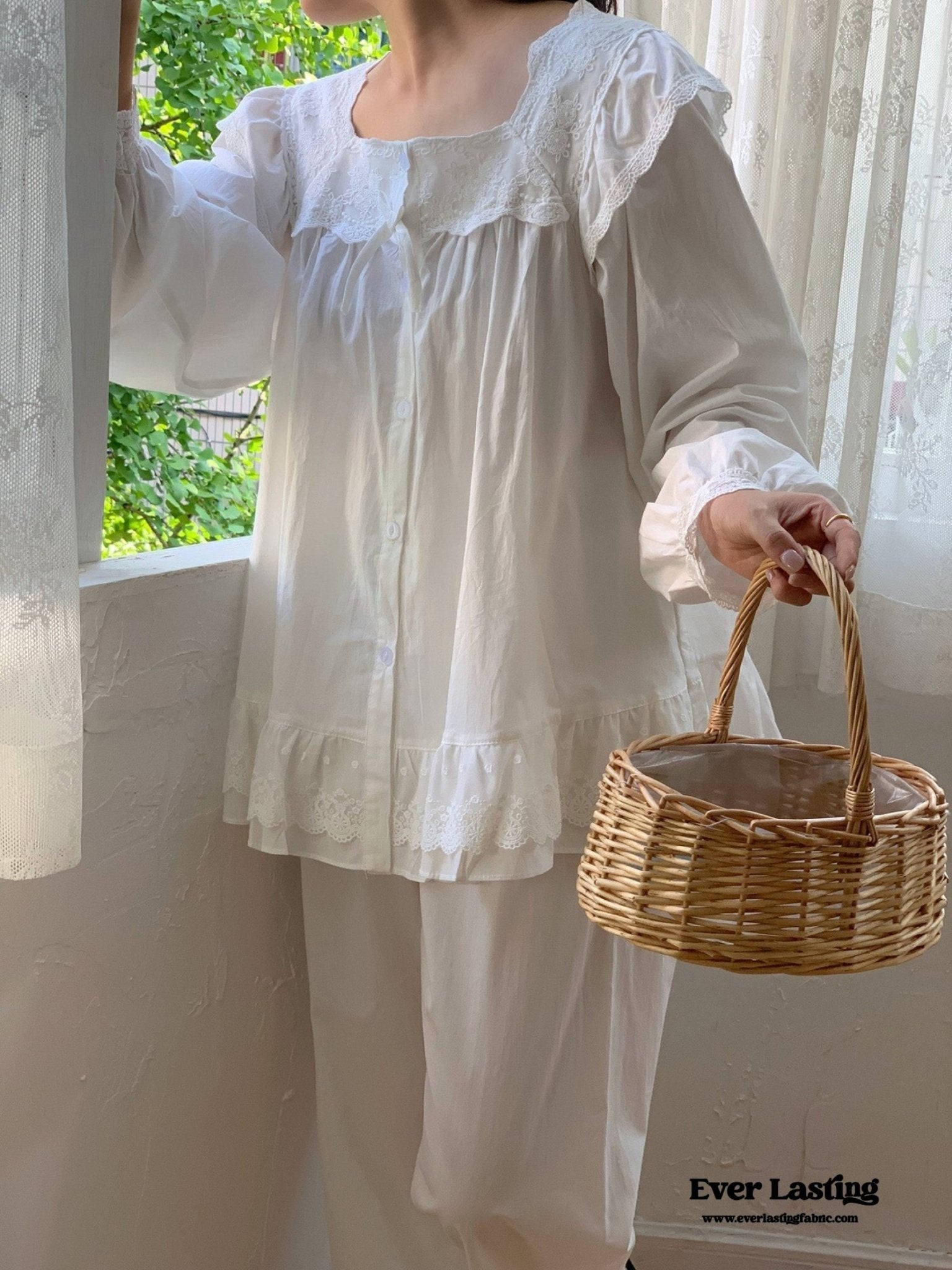 White Lace Ruffle Cottage Pajama Set - Ever Lasting