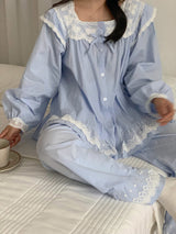 White Lace Ruffle Cottage Pajama Set Blue / One Size