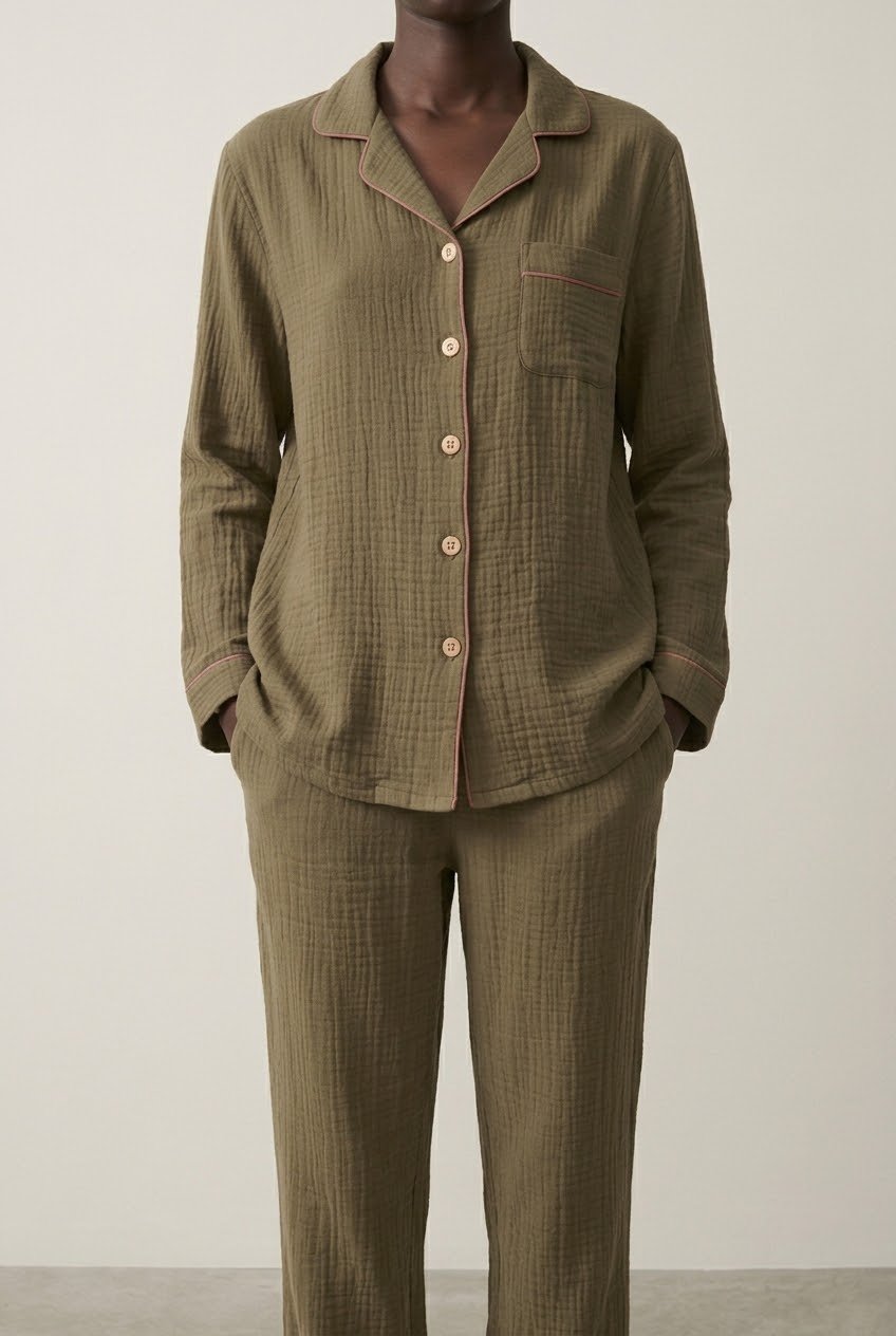 -Ever Lasting - Wisterial Double-Layer Gauze Long-Sleeved Pajama Set / Green -Pajamas -Ever Lasting