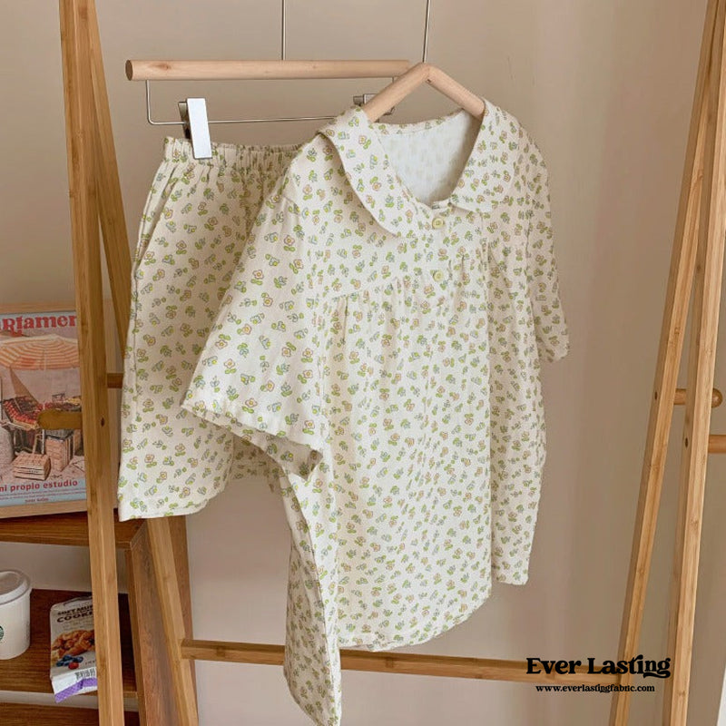 Yellow Floral Short Sleeves Shorts Pajama Set Pajamas