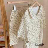 Yellow Floral Short Sleeves Shorts Pajama Set Pajamas