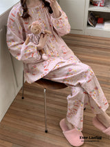 Zoo Long Sleeves And Pants Pajama Set / Baby Pink Pajamas