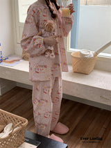 Zoo Long Sleeves And Pants Pajama Set / Baby Pink Pajamas